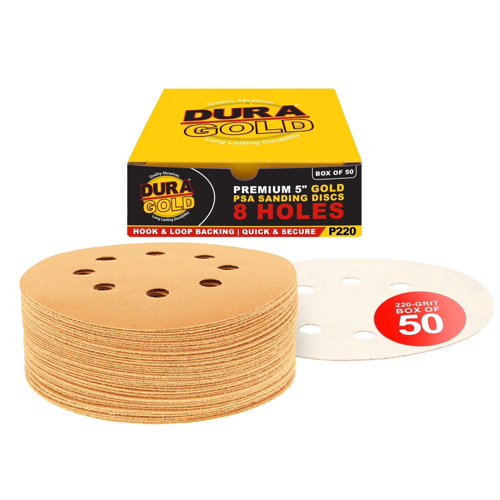 Premium 220 Grit 5″ Sandpaper Discs, 8 Hole Pattern Dustless, 50 Discs – Hook…