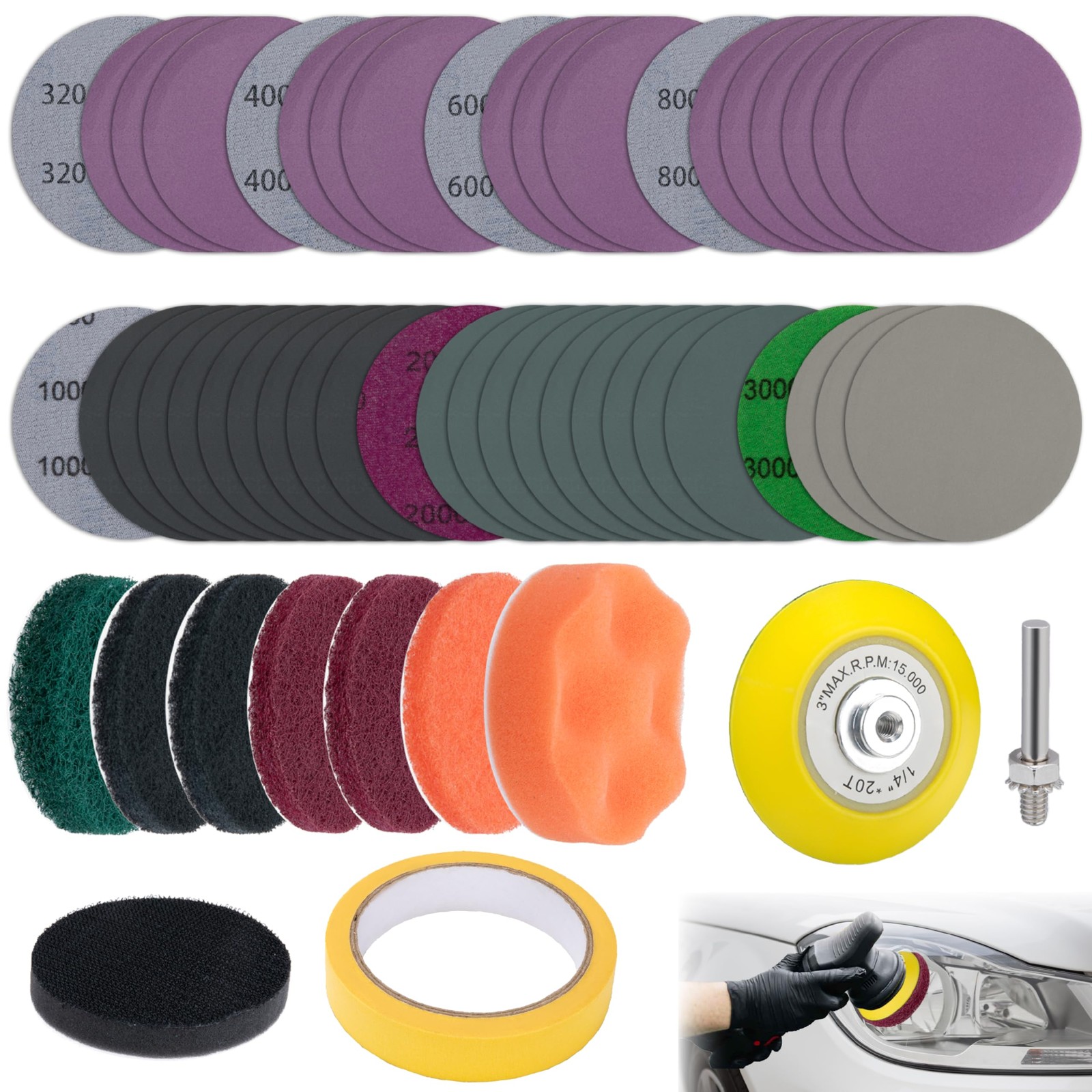 53 PCS Car Headlight Restoration Kit, 3 Inch Drill Sanding Disc with 1/4…