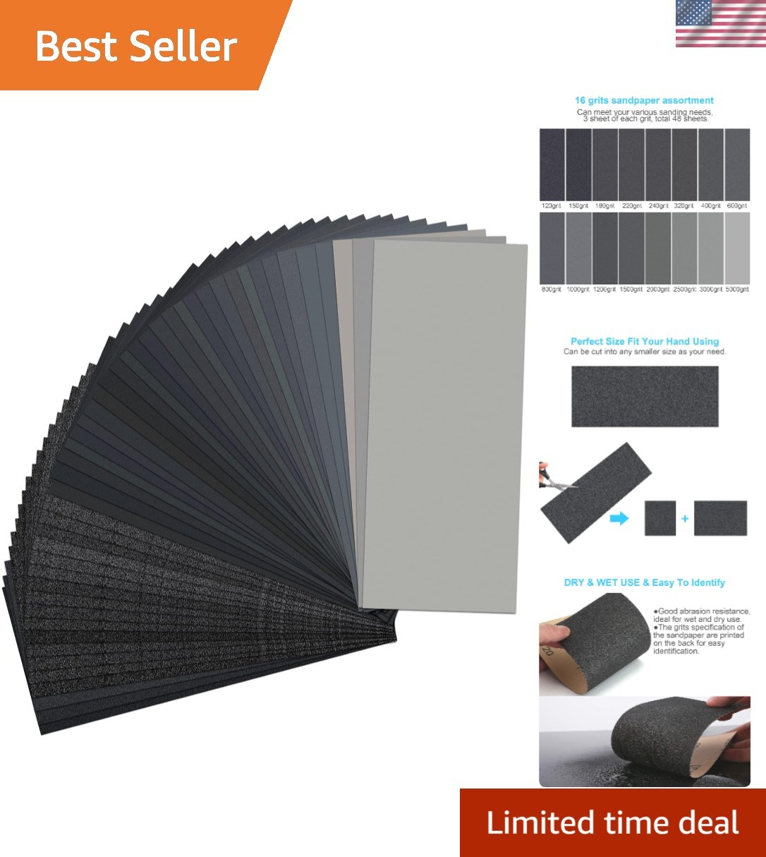 48 PCS Silicon Carbide Sandpaper, 120-5000 Grit for Wood, Metal & Automotive