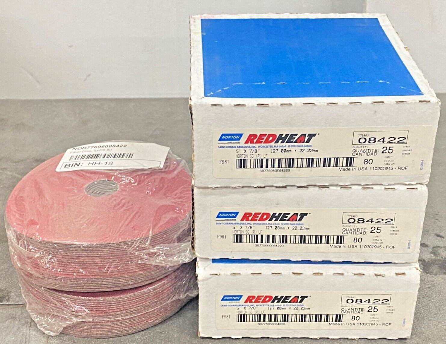 125 new NORTON REDHEAT 08422 (5″ x 7/8″) 80 Grit Abrasive Sanding Fibre Discs