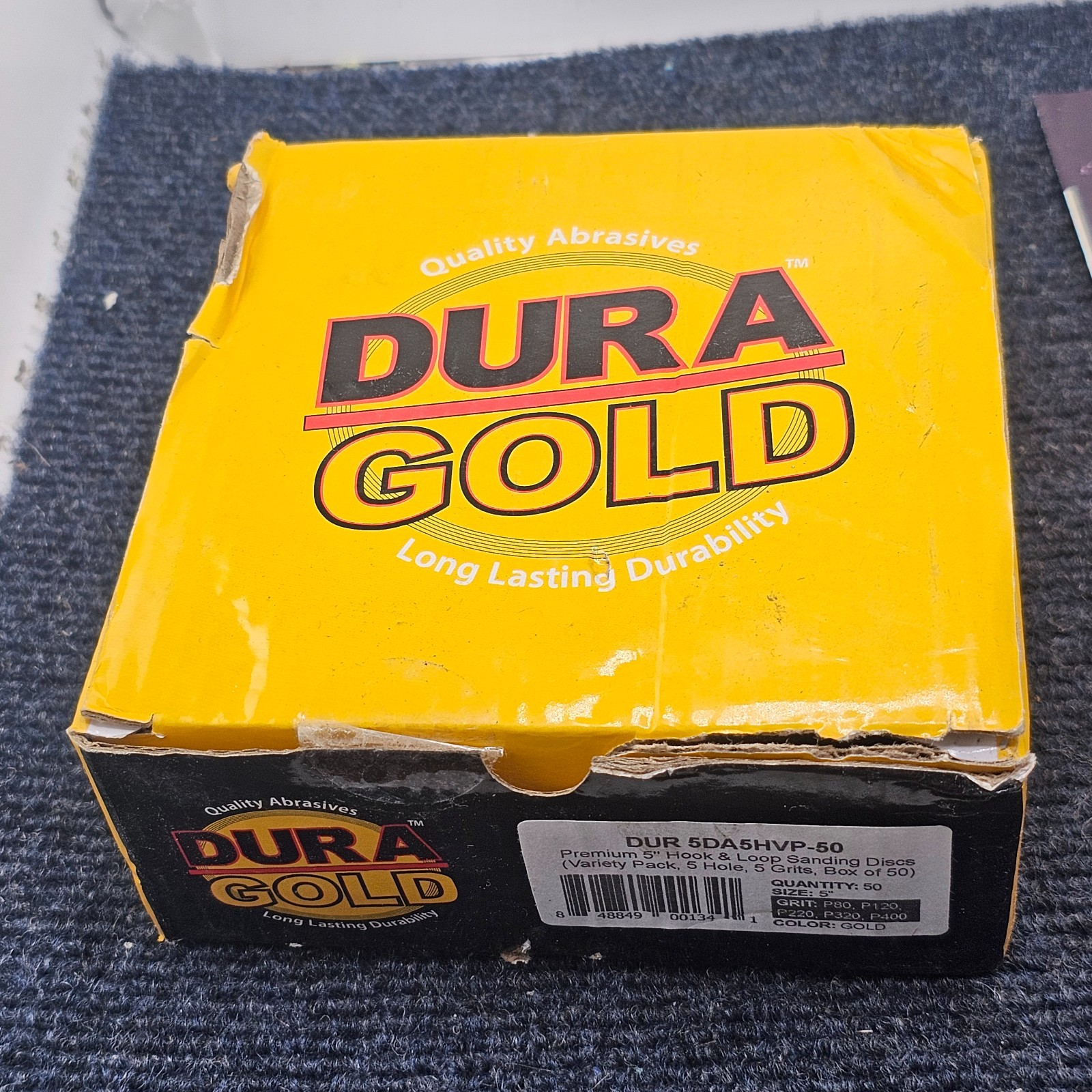 (50 PIECES) Dura Gold 5DA5HVP-50: 5″ Gold Sanding Discs Variety Pack, 5-Hole