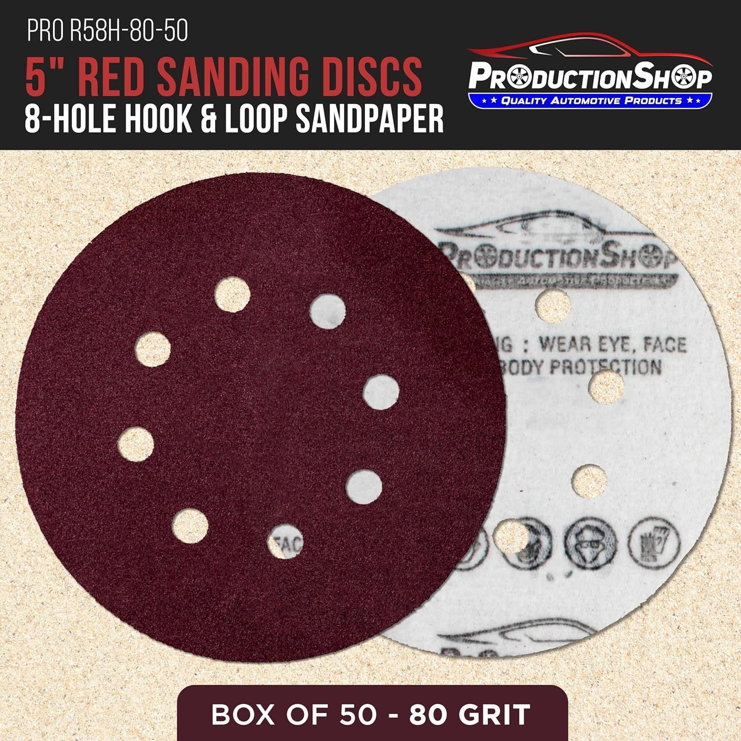 ProductionShop 5 Inch 80 Grit Sanding Discs 8 Hole 50 Pack Hook and Loop