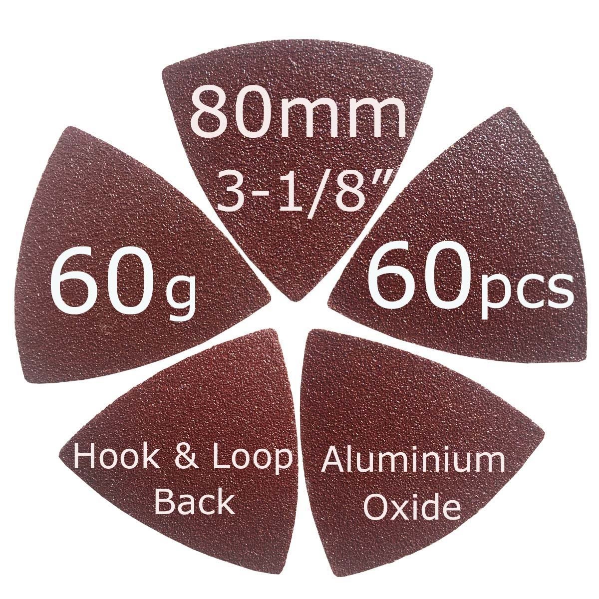 31/8″ 80mm 60 Pcs 60 Grits Triangular Hook & Loop Abrasive Multi Tool Sandpaper