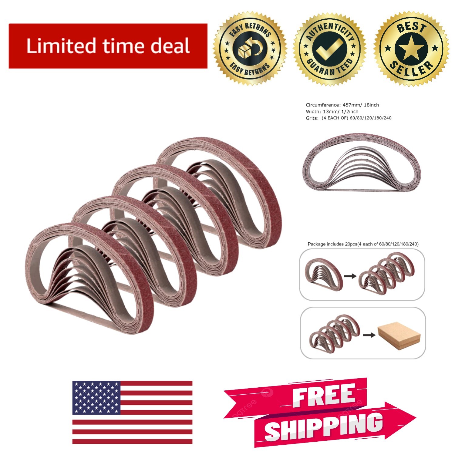 High-Performance 1/2″ x 18″ Sanding Belts – 20 Count for Woodworking & More