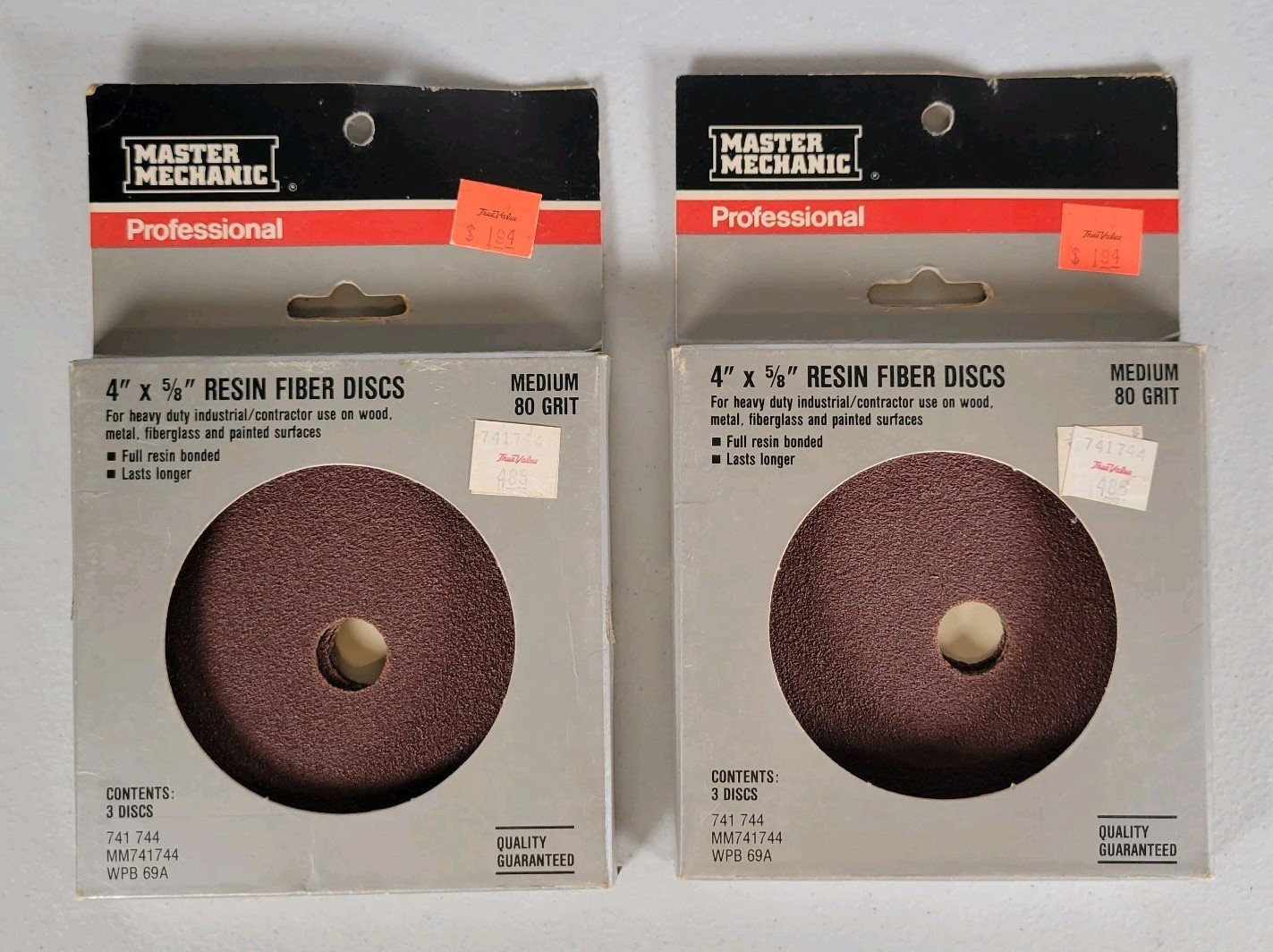 (2) Master Mechanic Professional 4″x5/8″ Resin Fiber Discs Medium 80 Grit VTG