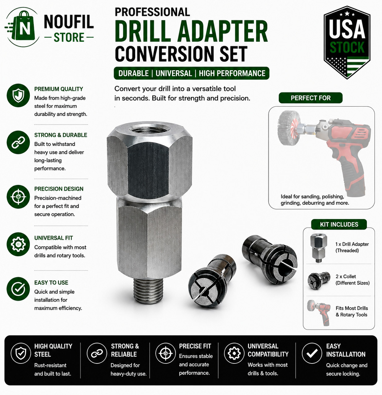 M9 Threaded Collet Adapter for Milwaukee M12 Polishers or Sanders, Includes 1/4″