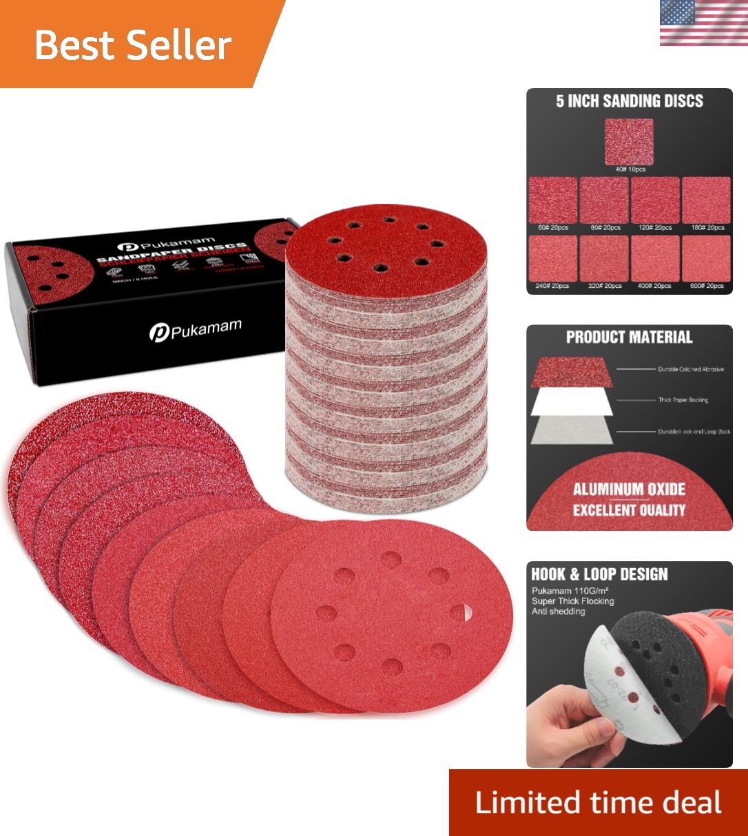 170 Pcs 5 inch Sanding Discs 40 60 80 120 180 240 320 400 600 Grit 8 Hole Hoo…