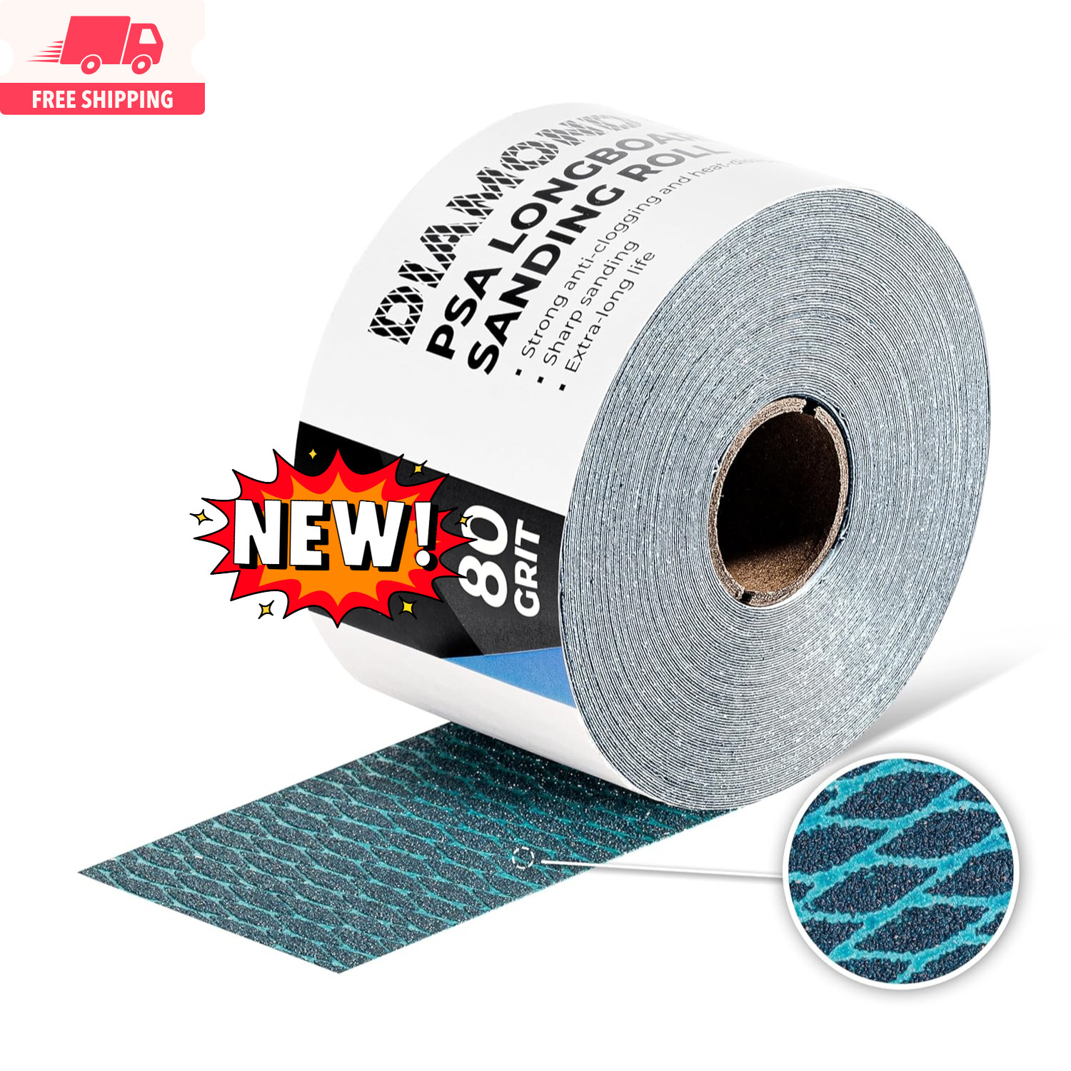 Rollo de lija de grano 80 con forma de diamante, 6,75 cm de ancho, 9,5 m, autoad