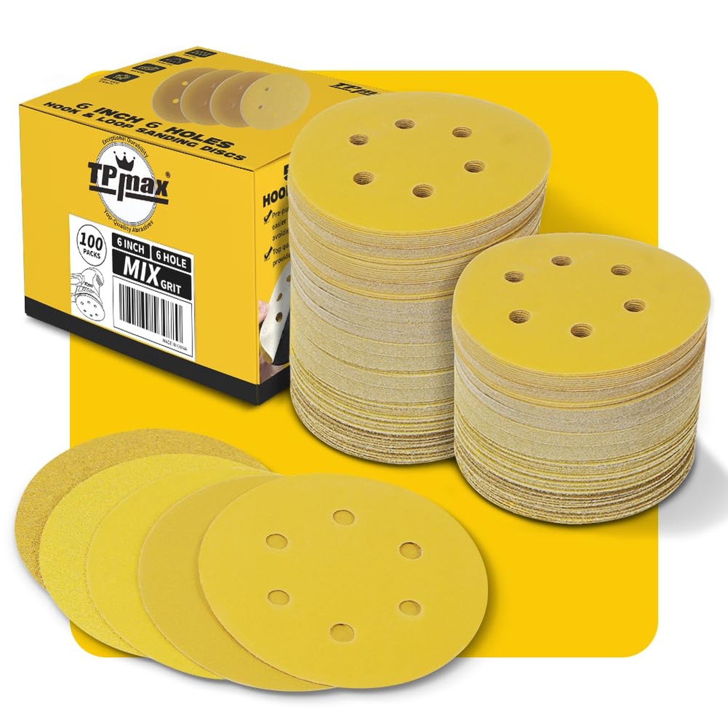 100PCS 6 Inch 150mm 6 Hole Sanding Discs Sandpaper Mixed Grits – Premium Gold…
