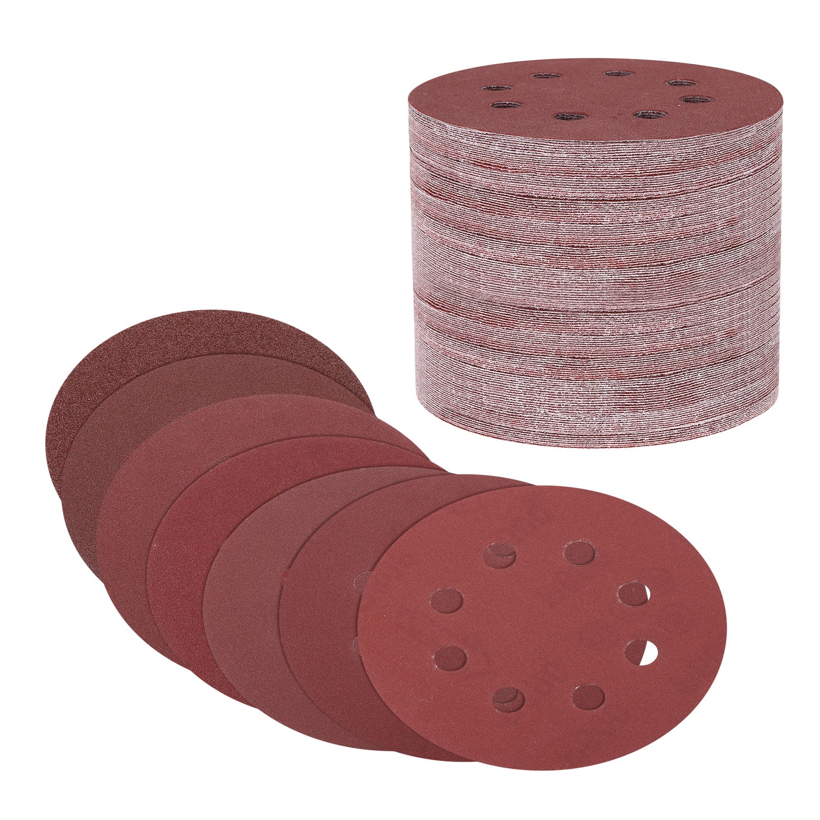140Pcs 5“ 60/120/180/240/320/400/600 Grit 8 Holes Hook and Loop Sanding Disc,Red