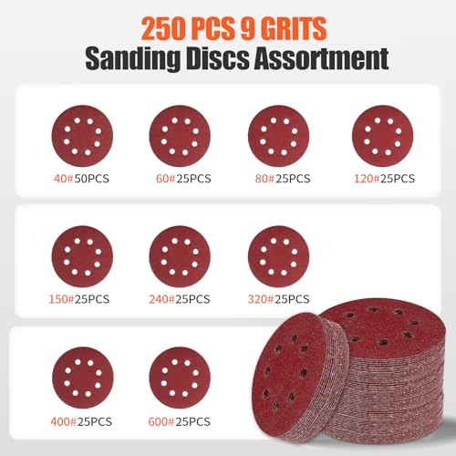 250 PCS 5-Inch 8-Hole Hook & Loop Sanding Discs Set, 40 60 80 Mix Grit-250PCS