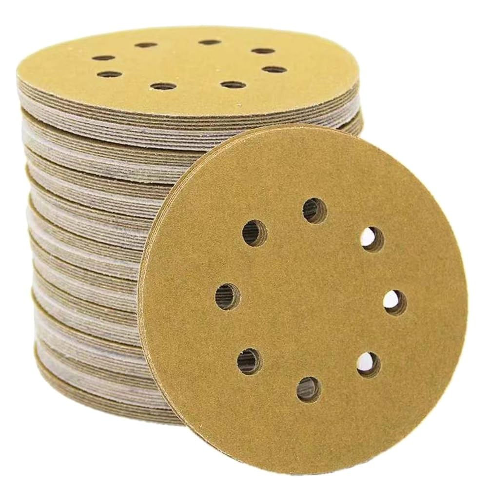5″ 8 Hole Hook & Loop Sanding Discs Yellow Flocked Back Sandpaper Sheets