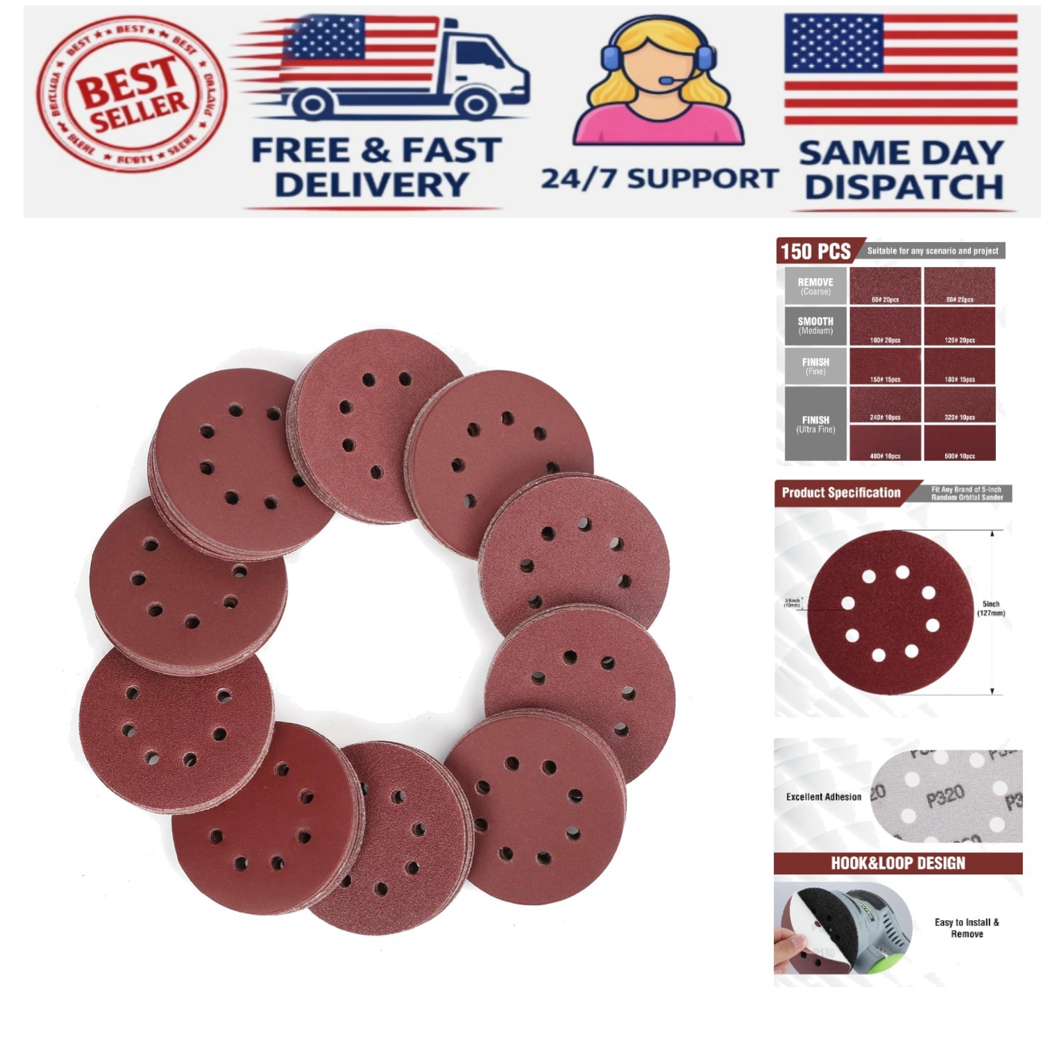 150-piece Sanding Discs Set – 5-Inch 8-Hole Sandpaper 10 Grades Include 60, 8…