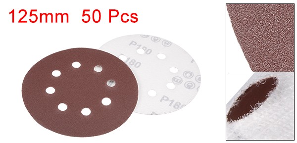 50Pcs 5 Inch 8 Hole Hook Loop Sanding Disc 180 Grit Flocking Sandpaper Sander