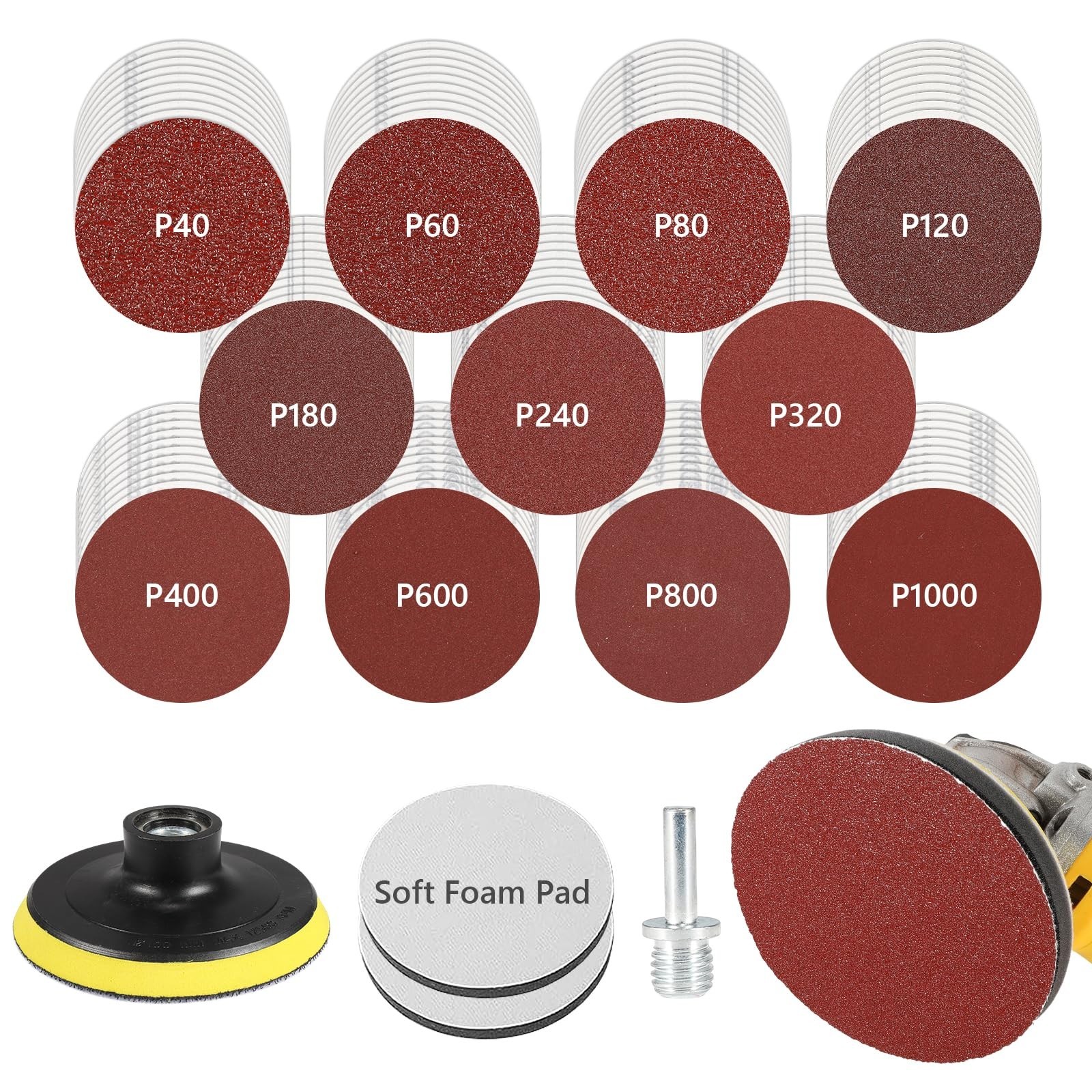 114PCS 5″ Sanding Discs Set, Hook & Loop Foam Backing Pad, 40-1000 Grit for Wood