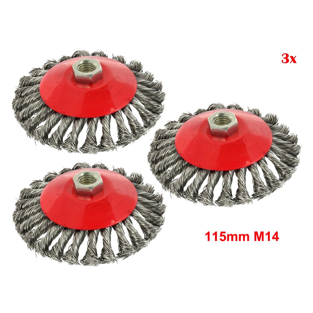 3x Pot Brush Wire Brush 115mm M14 Topped Conical Brush Flex and Angle Grinder