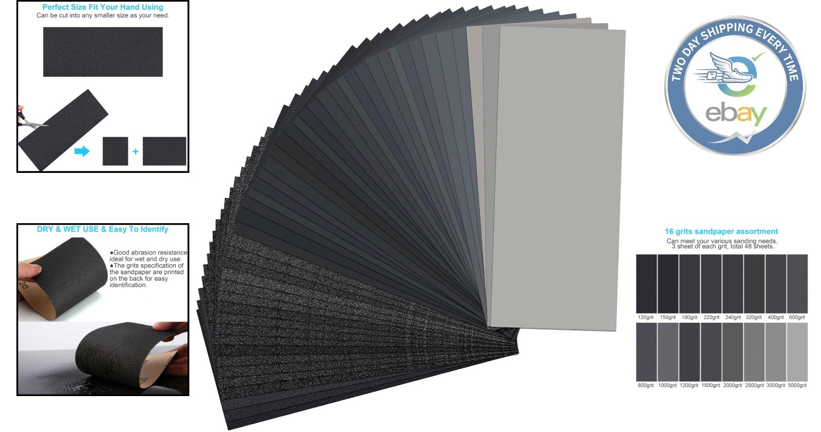 Comprehensive 48 PCS Sandpaper Set for Wood, Metal & Automotive | 120-5000 Grit