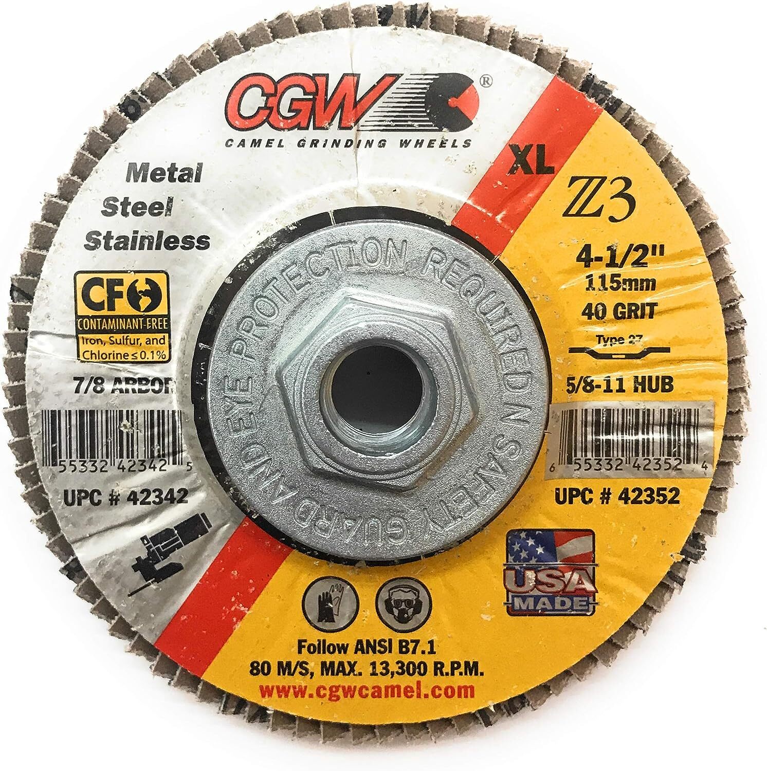 CGW Abrasive 42352 40 Grit Flap Disc, Z3 -100% Zirconia, XL – 4.5″ x 5/8-11, …