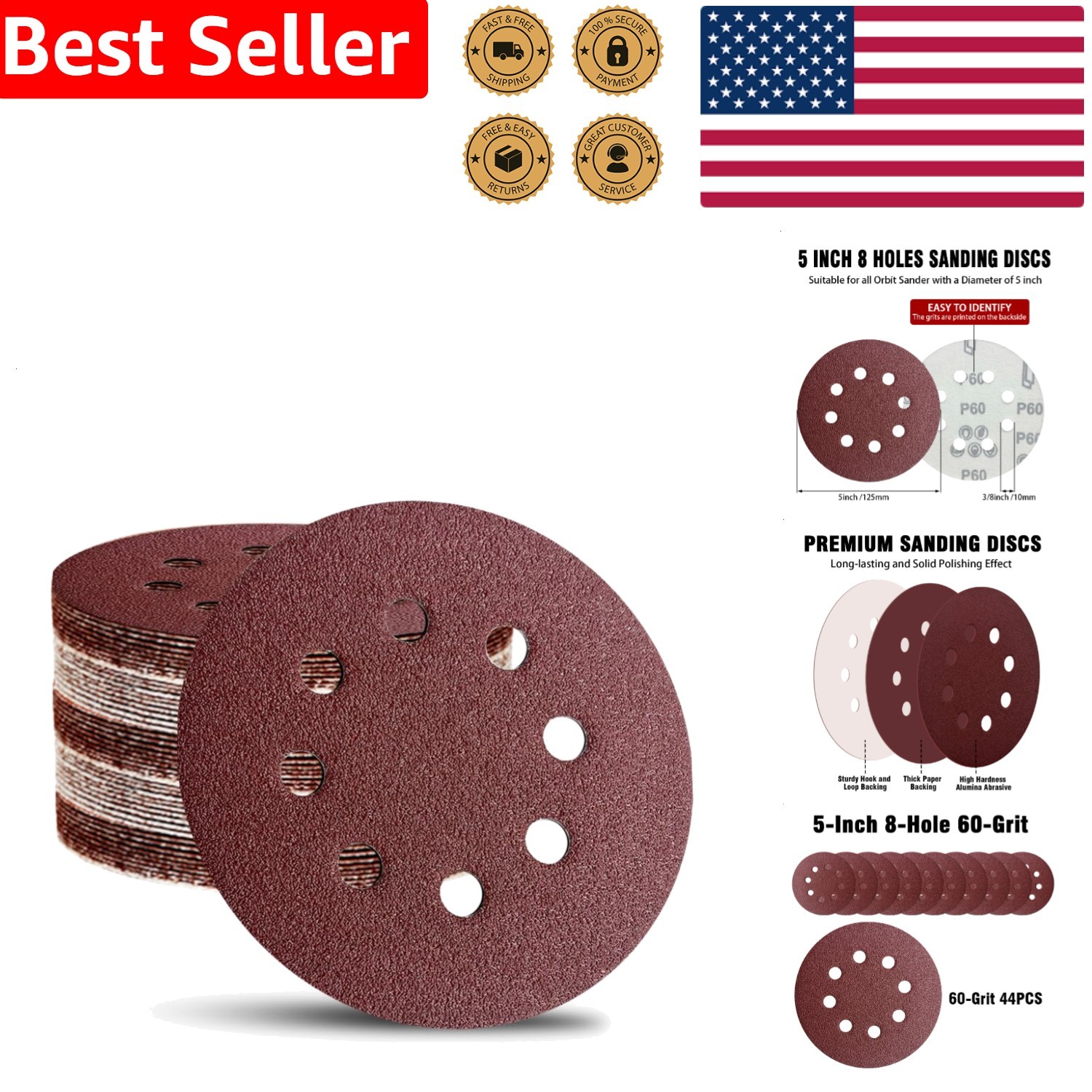 44 Pack 5 Inch 60 Grit Sandpaper Hook & Loop for Orbital Sander