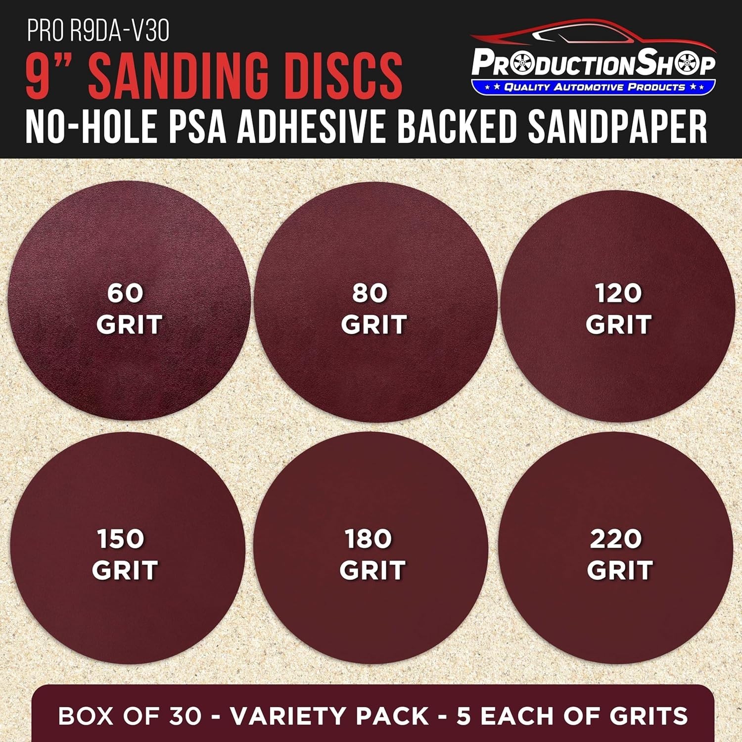 Sanding Discs 9 Inch Variety Pack 30pcs Grits 60 80 120 150 180 220 Auto Paint