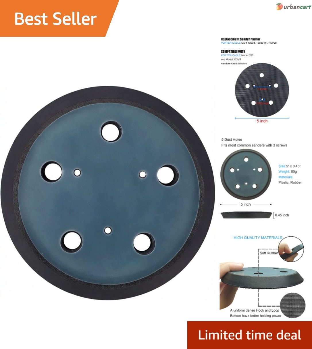 For Porter Cable 13904 13909 333 334 332 5″ Inch 5 Hole Hook & Loop Sander Pad