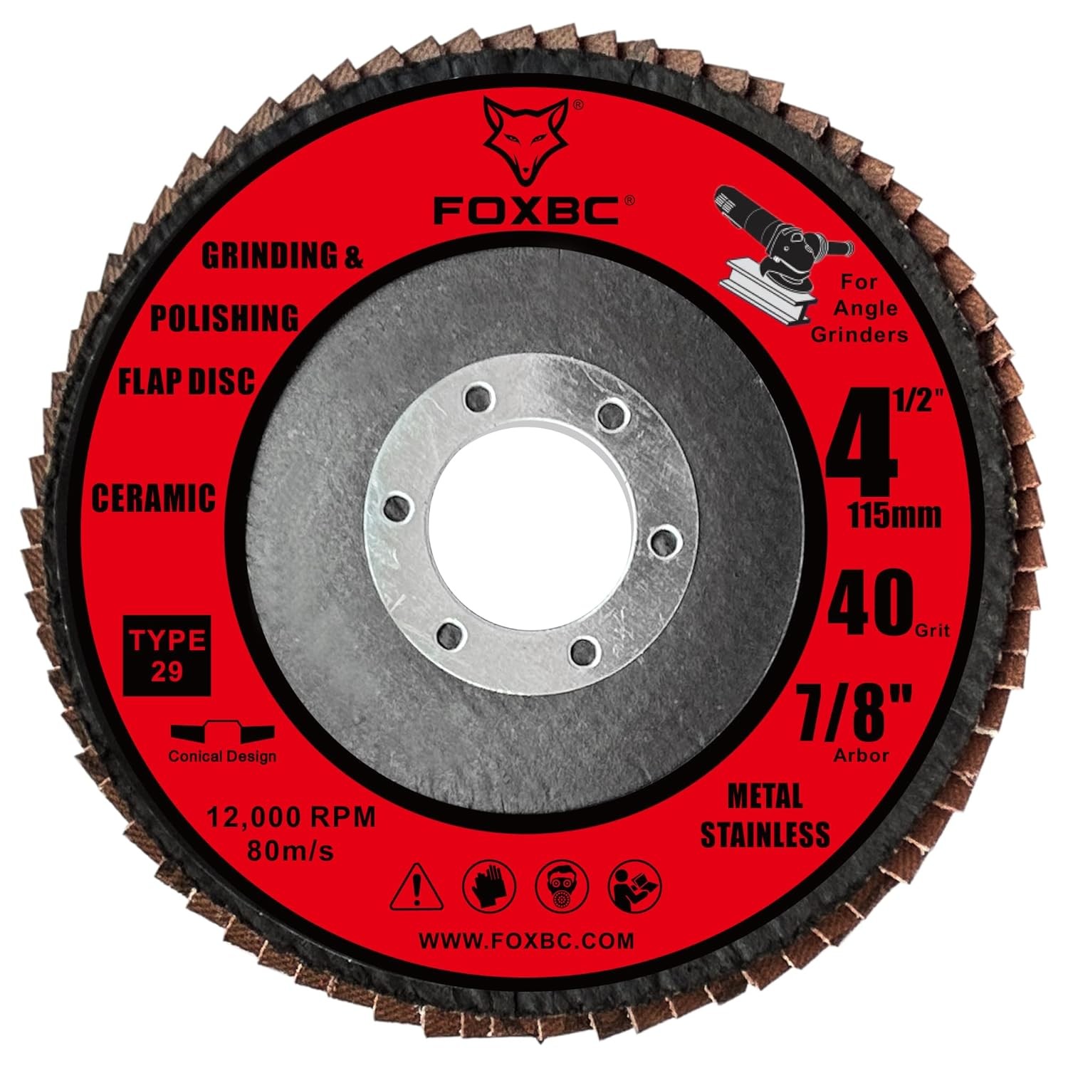 FOXBC 4 1/2 inch Ceramic Flap Disc, 40 Grit, Type 29, Grinding and Polishing