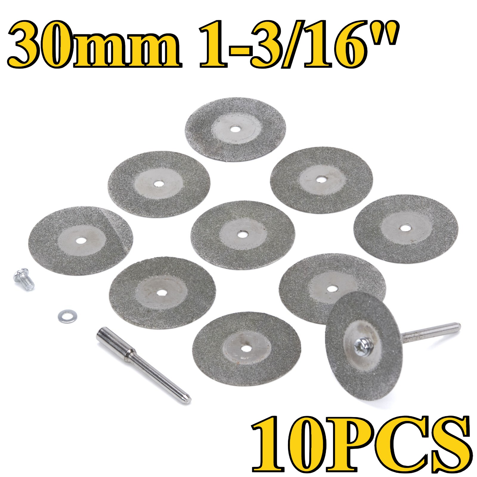 10Pcs 30mm(1 – 3/16″) Diamond Cutting Wheels – 1/8″ Shank Rotary Cut-off Discs