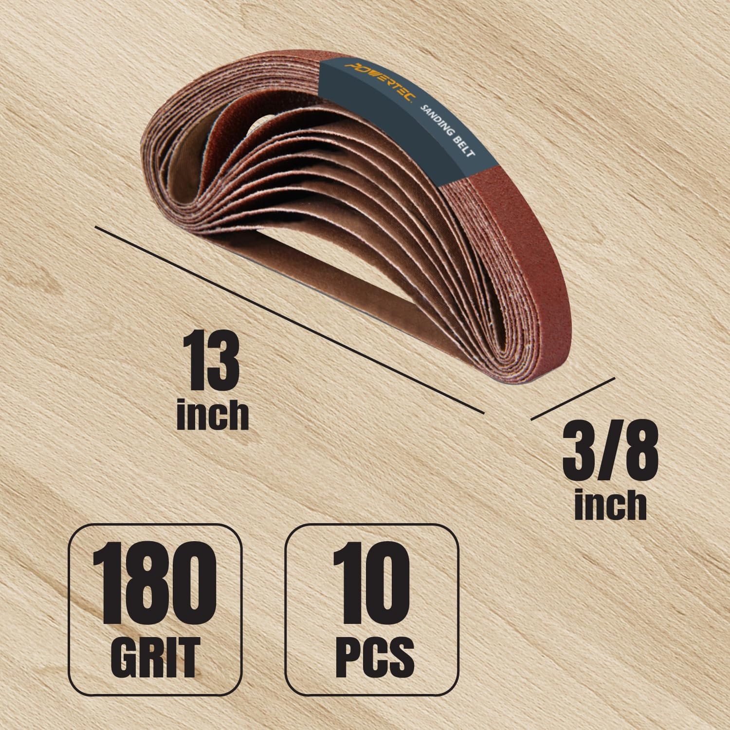 POWERTEC 3/8 x 13 Inch Sanding Belts, 10PK, 180 180 Grit, 180 Grits