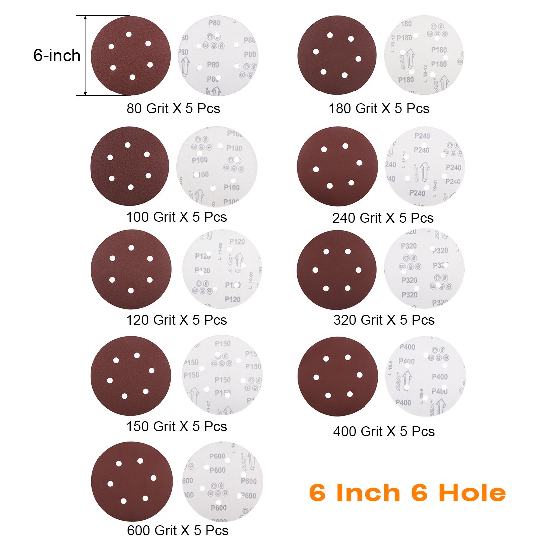 45pcs 6″ 6 Hole Sandpaper Sanding Discs 80/100/120/150/180/240/320/400/600 Grit