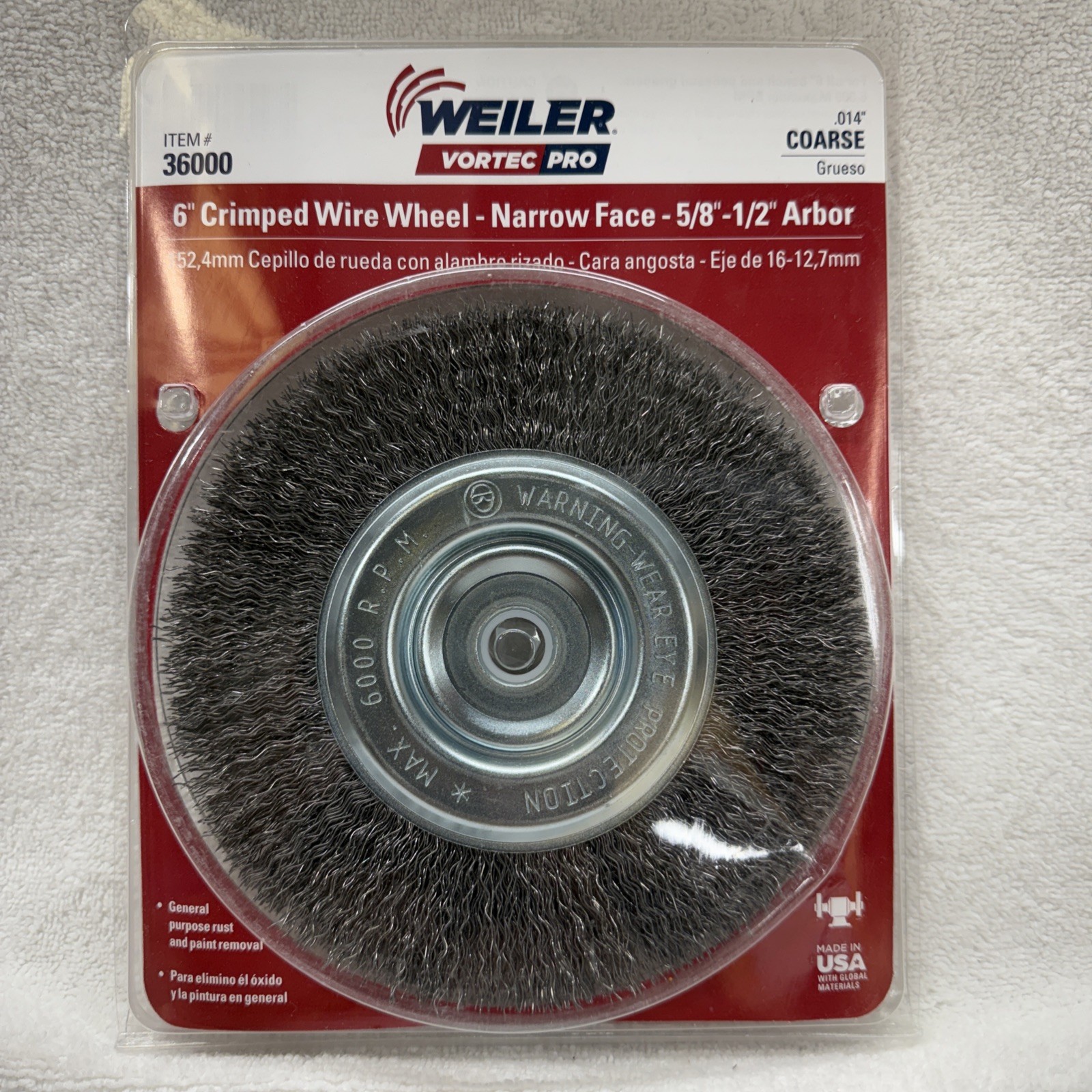 Weiler Vortec Pro 6” Crimped Wire Wheel “Coarse” .014 Narrow Face 5/8”-1/2”