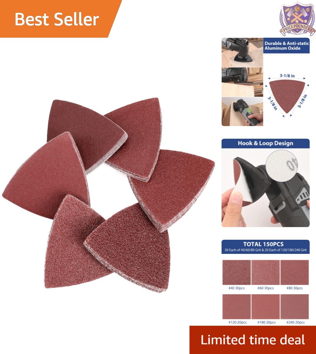 150PCS Sanding Pads Triangle Aluminum Oxide Grit for Wood and Rust Removal