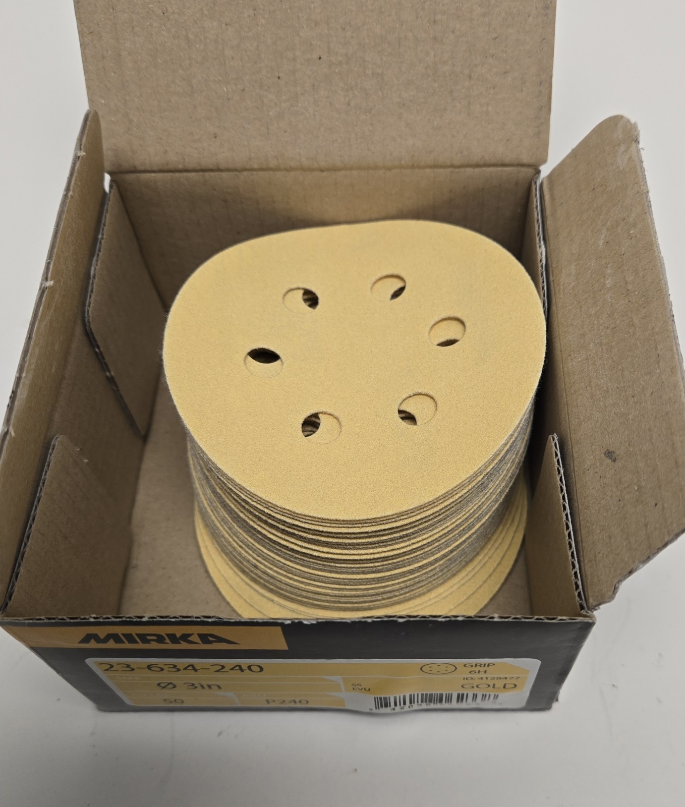 MIRKA SANDING DISCS 23-634-240. GOLD 3″, 6 HOLE, P240 GRIT. BOX OF 50.