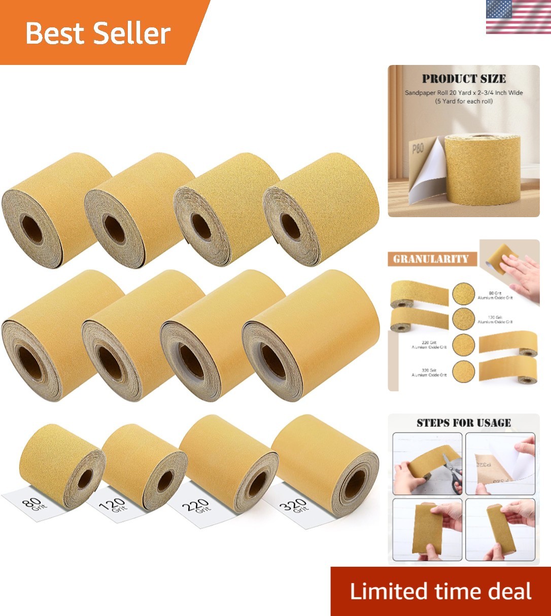 Sandpaper Roll Kit 8pcs 80 120 220 320 Grit Continuous Self-Adhesive Sandpaper