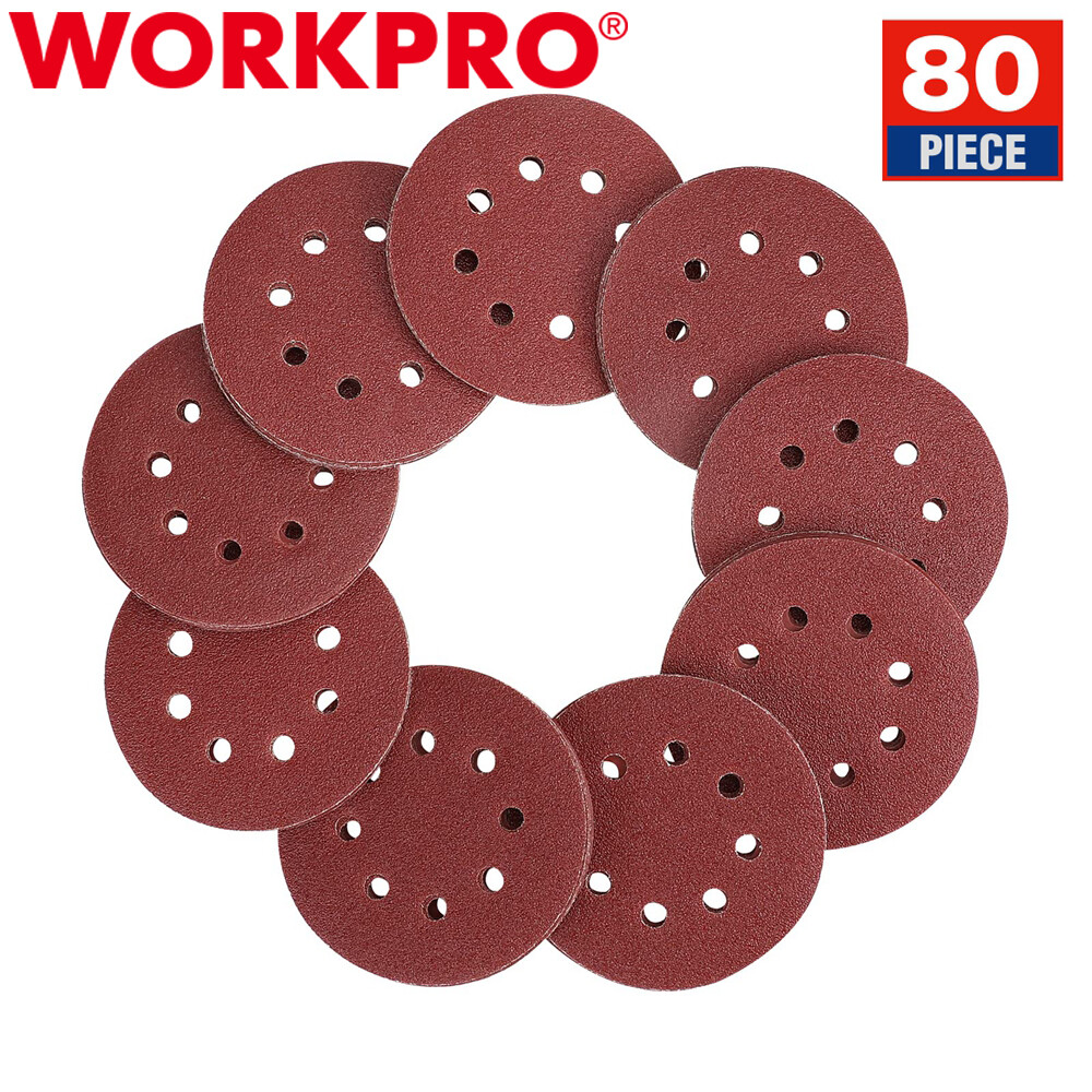 WORKPRO 80PC Sanding Disc 5-INCH 8-Hole Hook and Loop Disc 60-400Grits Sandpaper