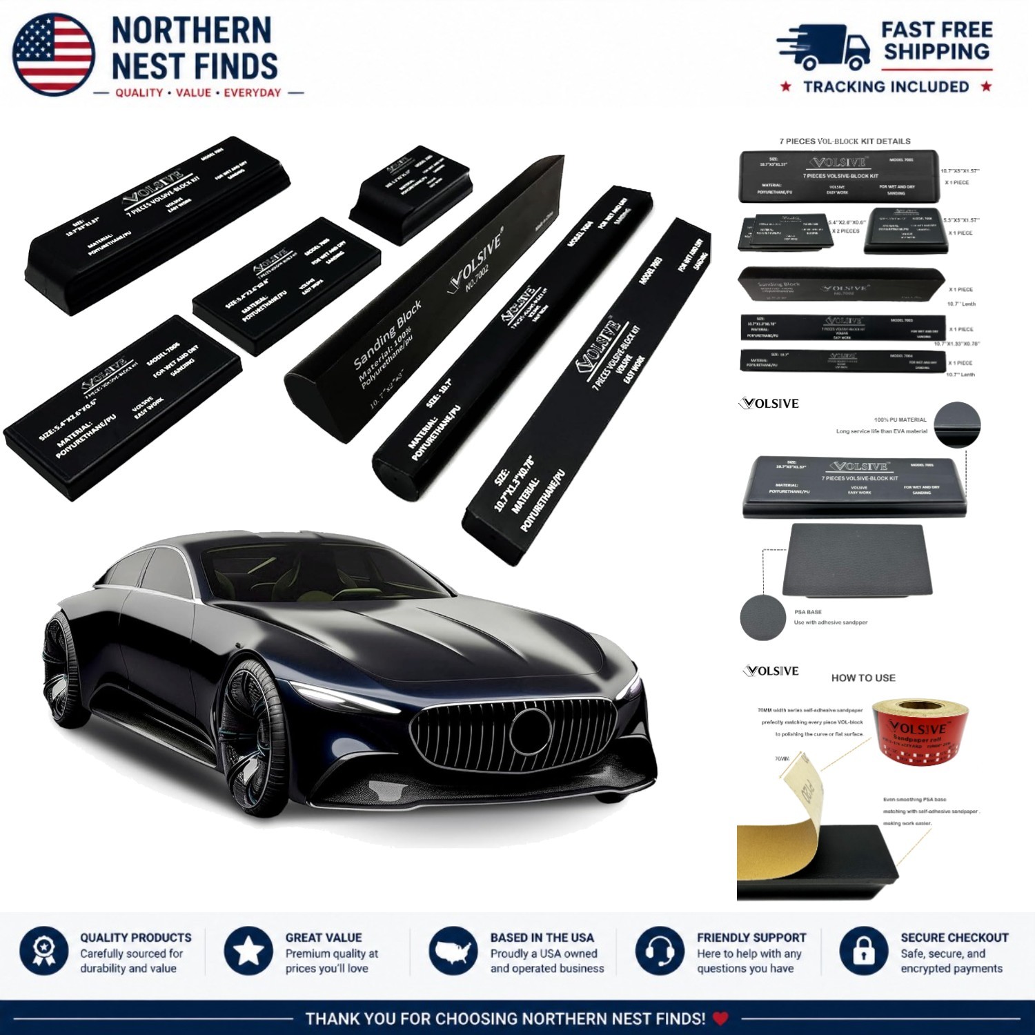 Versatile 7-Piece Automotive Sanding Block Set – Perfect for Wood & Paint