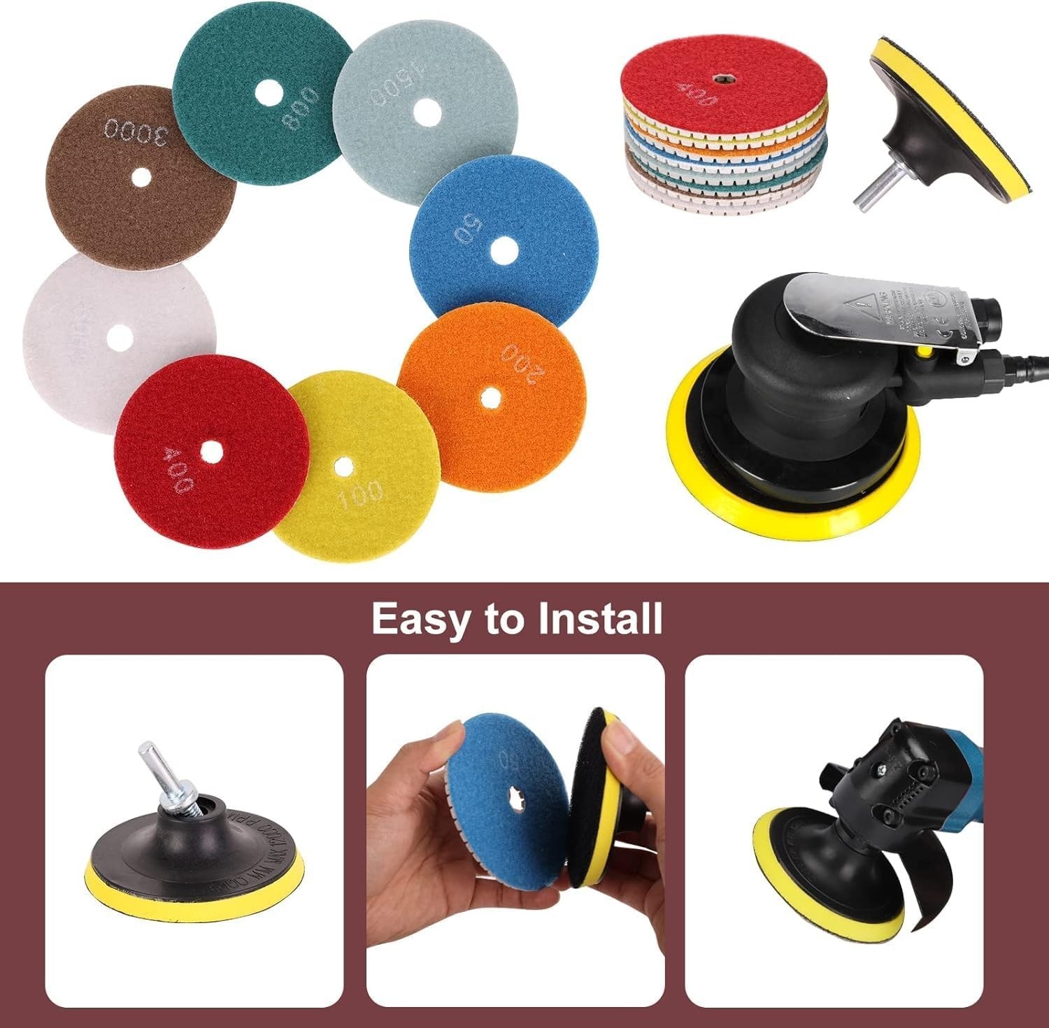 4″ Diamond Polishing Pads 12pcs Wet/Dry 50-6000 Grit for Granite Marble