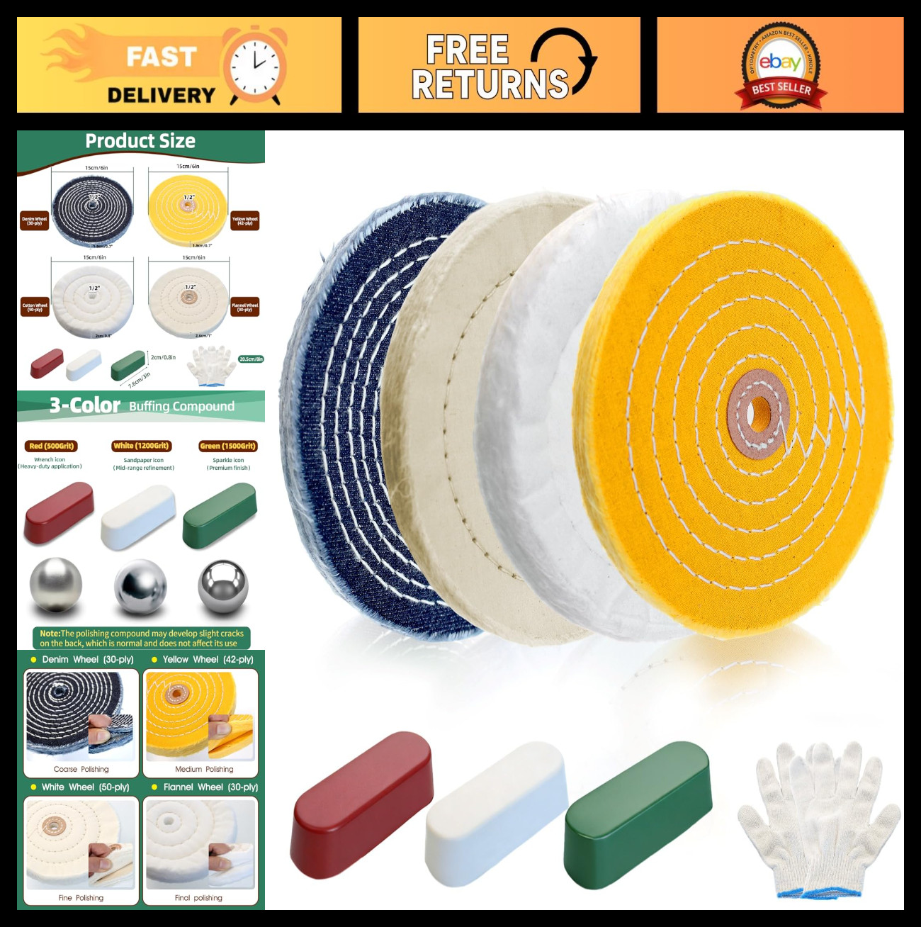 8Pcs 6″ Polishing Buffing Wheel Kit for Bench Grinder – Metal, Wood, Glass & Mor