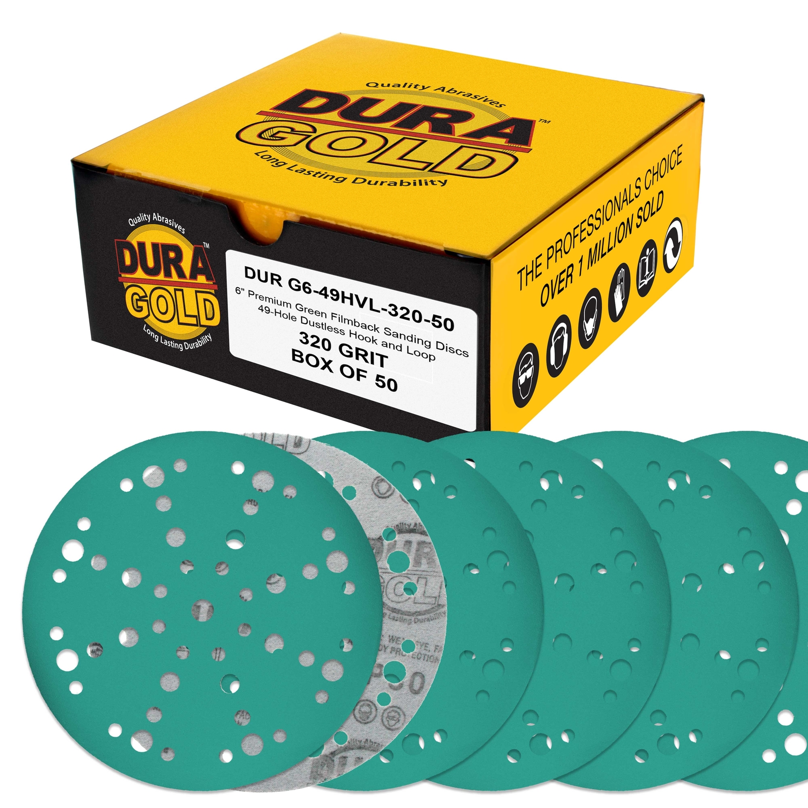 320 Grit 6″ Green Sanding Discs, 49-Hole, Box of 50 – Hook & Loop Sandpaper