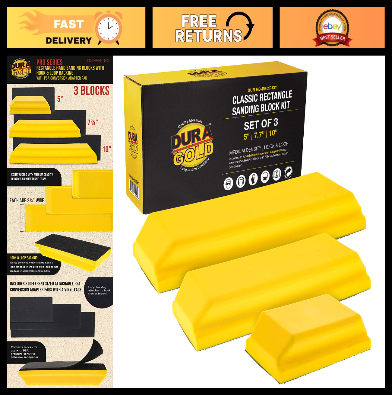 Classic Rectangle Hand Sanding Block Kit – 3 Sizes, Hook & Loop, PSA Adapter – A