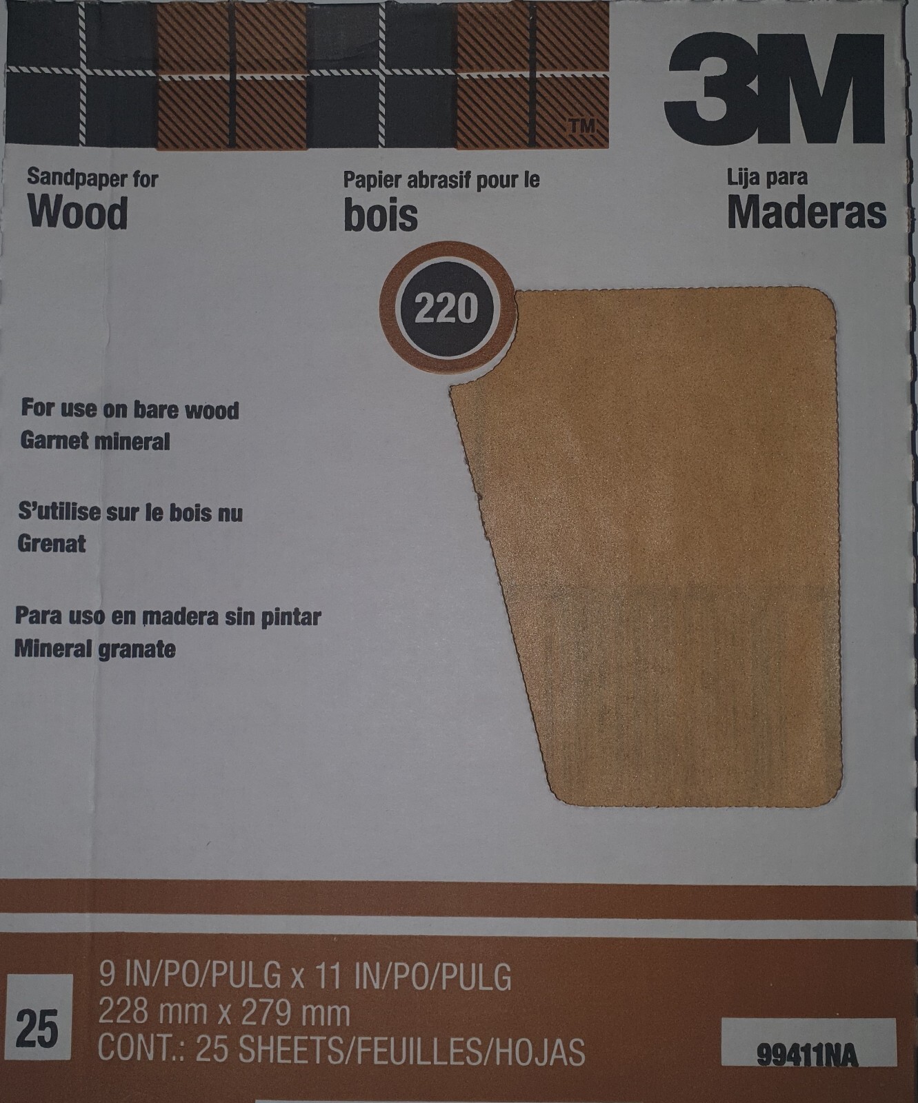 3M 99411NA 220 Garnet Sandpaper for Wood 9″ X 11″ Qty 25
