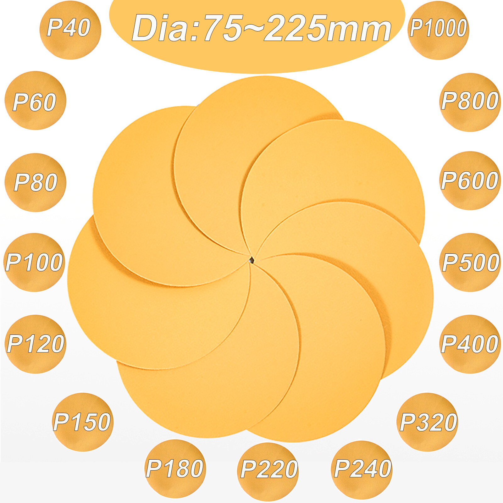 75mm~225mm Dry Sanding Discs 3~9 inch Rounded Sandpaper Pads Grit 40~1000 Yellow
