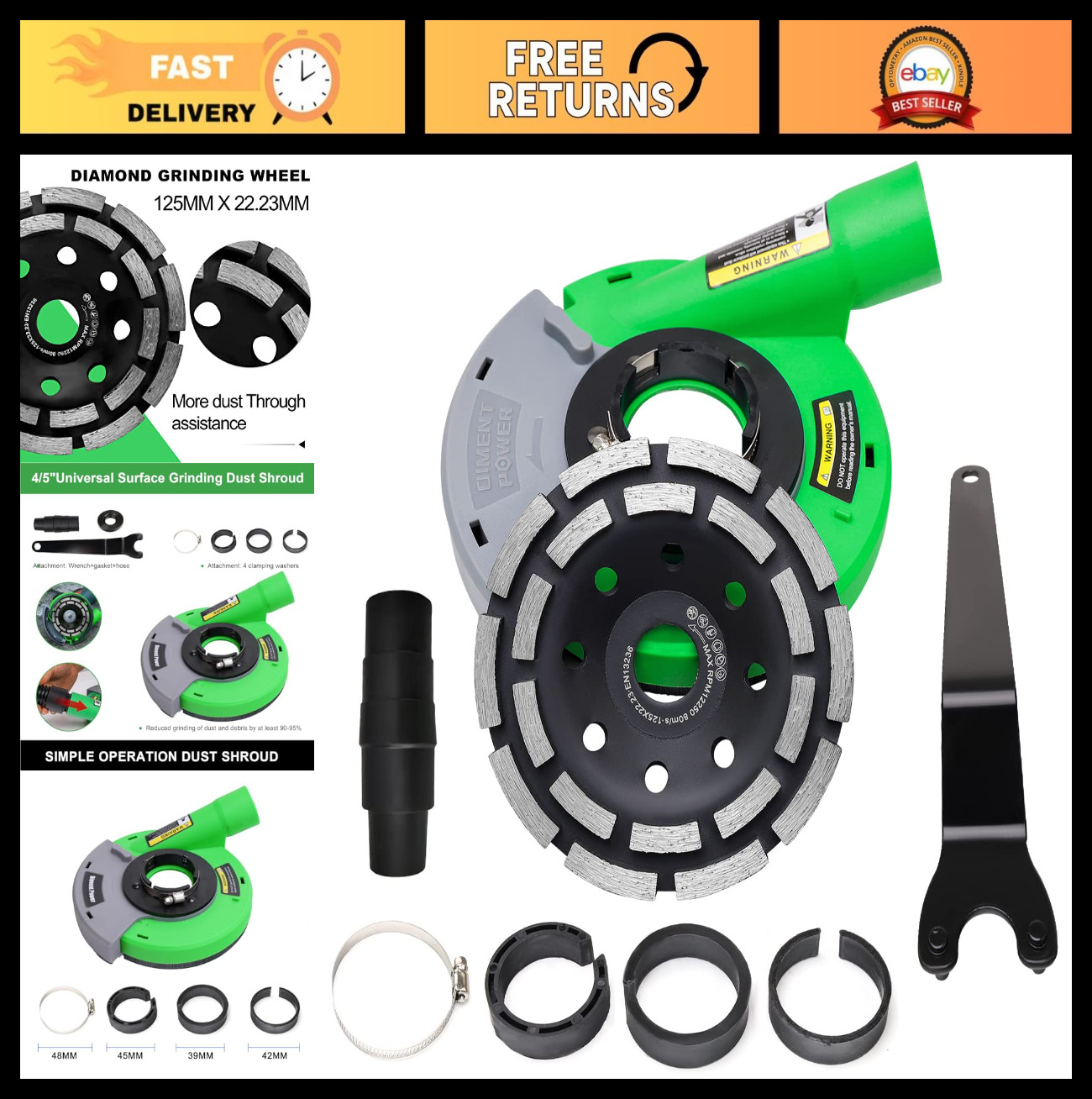 Universal Dust Shroud for 4.5″ & 5″ Angle Grinders + 5″ Diamond Grinding Wheel –