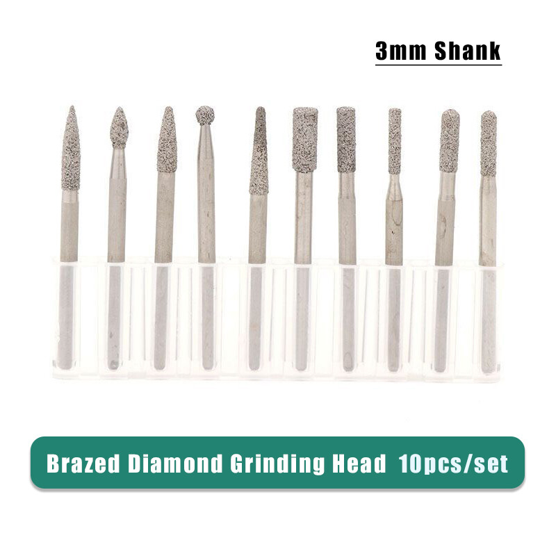 10pcs/set 3mm Shank Brazed Diamond Grinding Heads Burr Drill Bits Carving Tool