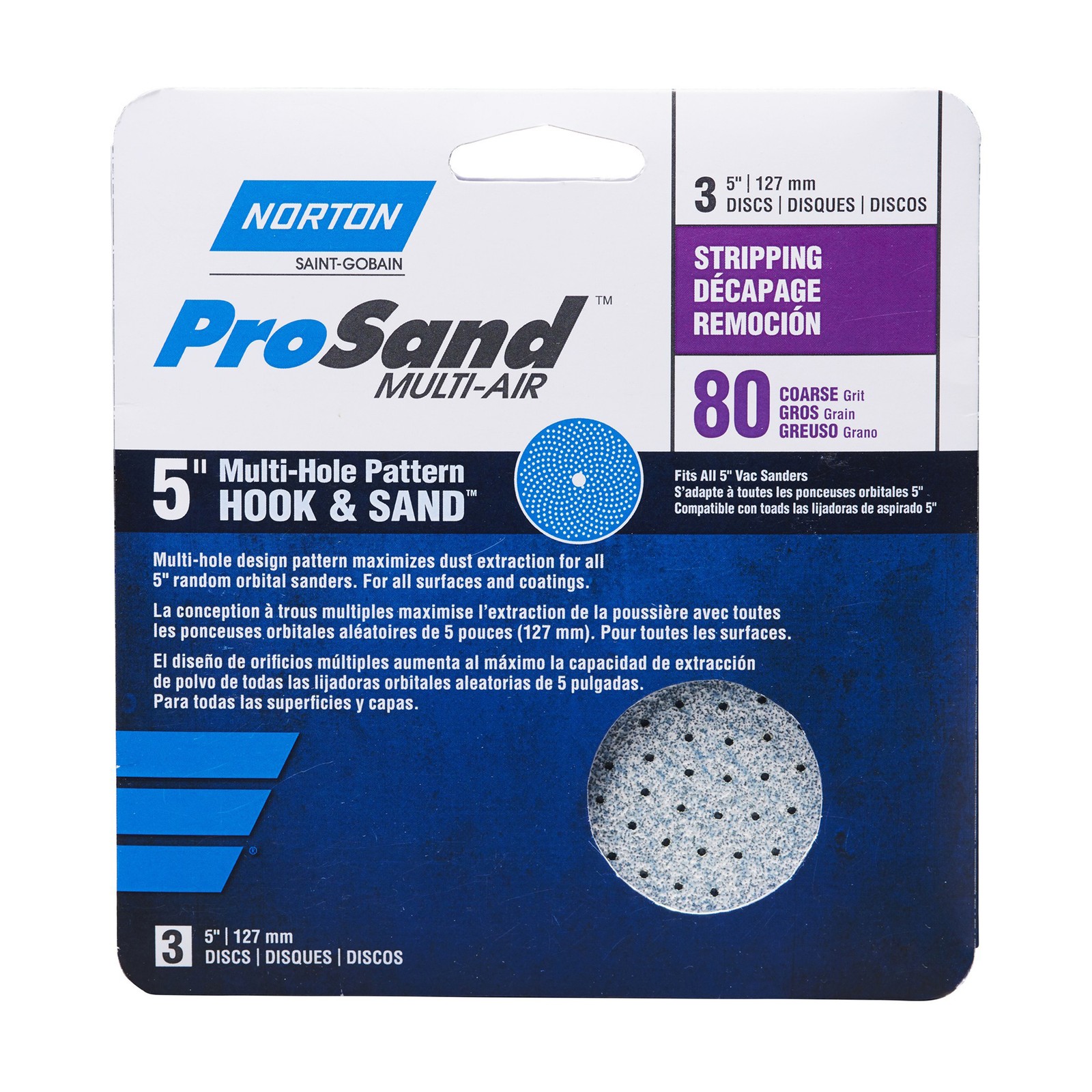 Norton ProSand MULTI-AIR 5″ Multi-Hole Pattern Hook & Sand Disc 80 grit 3 pack
