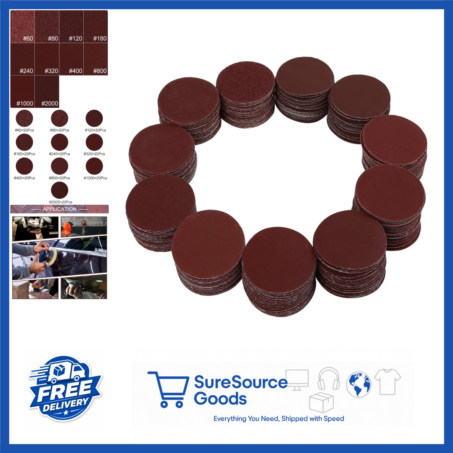 Assorted Grit Sanding Discs 200pcs 2 Inch Hook and Loop for Wood Stone Polishing