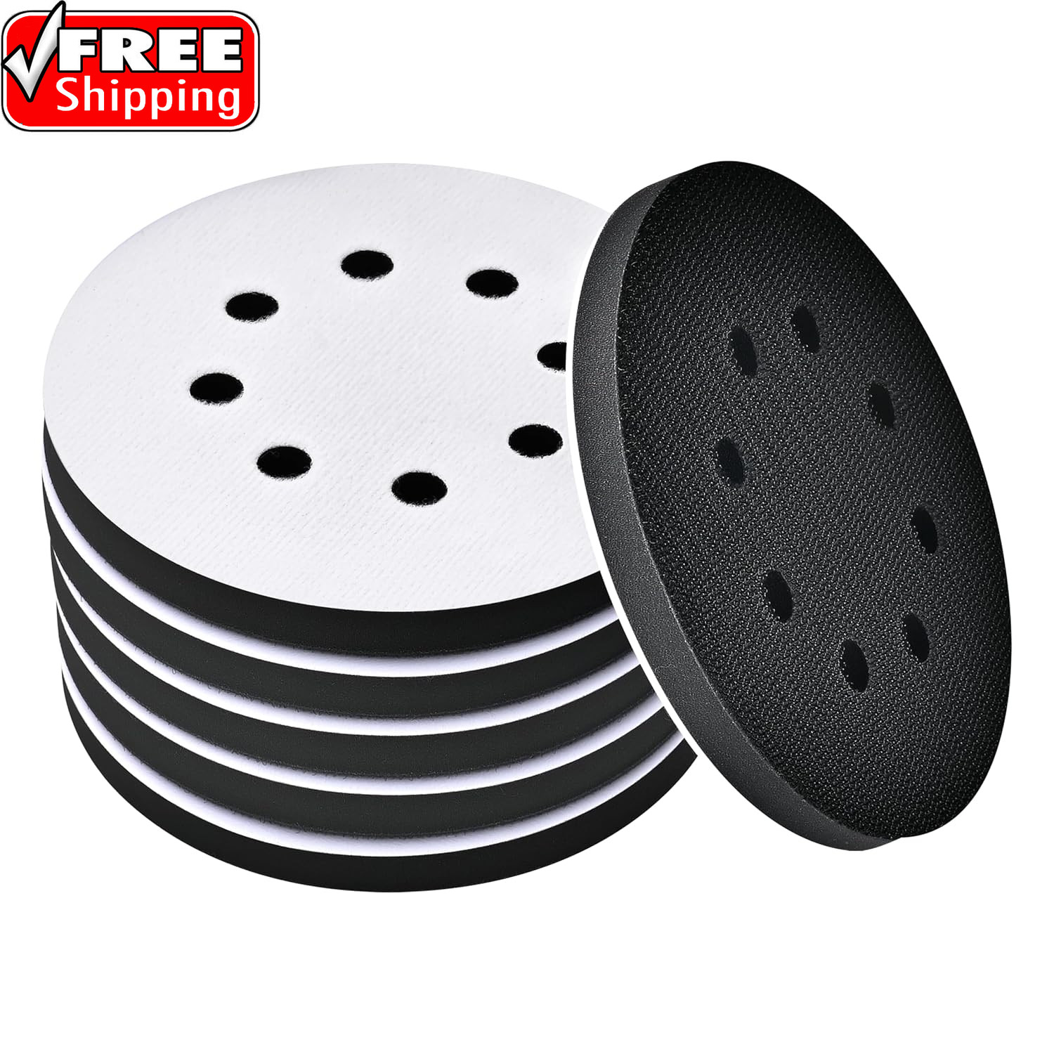 6 Pack 5 Inch 8 Hole Foam Sanding Pads, Soft Density Interface Pad, Hook and Spo