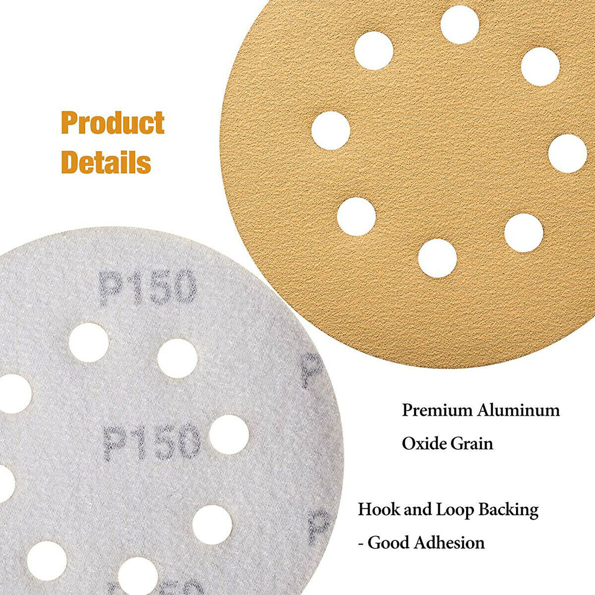 50PCS 5 in 8-Hole Hook Loop Sanding Discs 60-800 Grit Gold Sandpaper Sand Pads