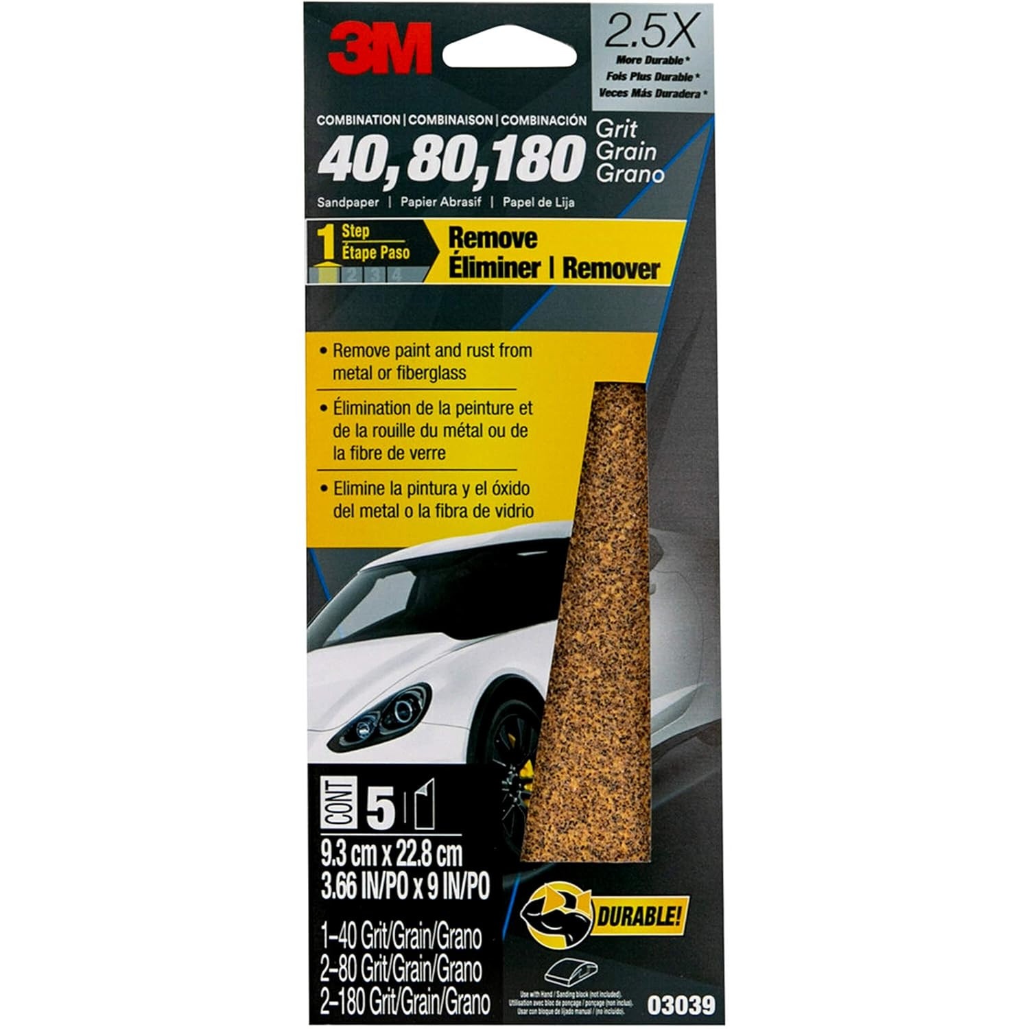 Sandpaper, 03039, Assorted Grits (40, 80, 120), 3 2/3 in x 9 in, 5 Sheets