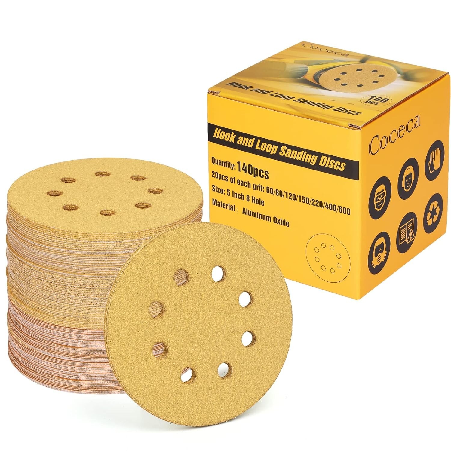 Coceca 140pcs 5″ 8-Hole Hook & Loop Sanding Discs 60/80/120/150/220/400/600 Grit