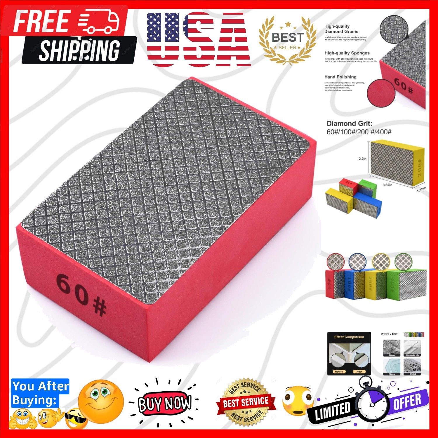 1pcs Diamond Hand Polishing Pads for Ceramic Tile Glass Grinding,Sanding Bloc…